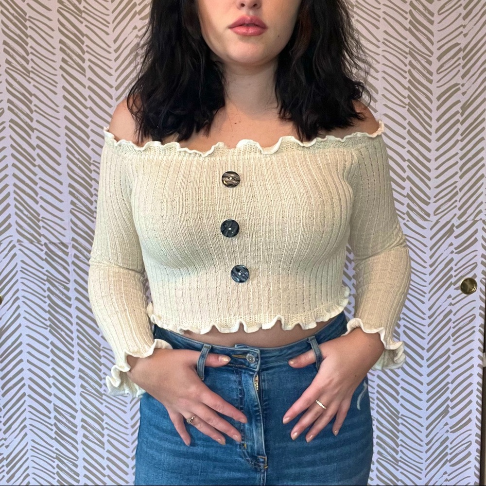 NEW Off Shoulder Lettuce Hem Button Front Knitted Top